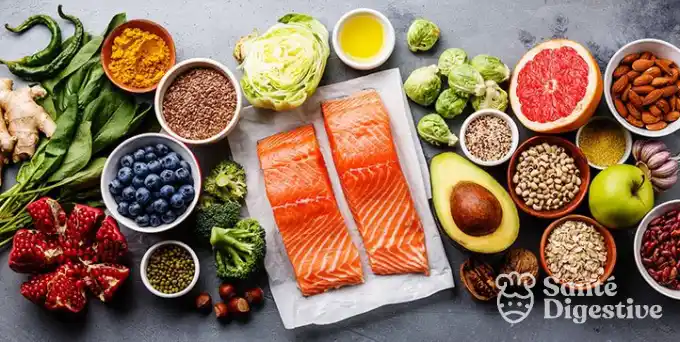 Alimentos frescos y ricos en nutrientes que forman parte de una dieta antiinflamatoria.