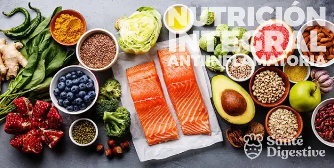 Dieta antiinflamatoria en Santé Digestive: alimentos frescos y nutritivos para mejorar la salud metabólica y reducir el estres oxidativo y la inflamación celular.