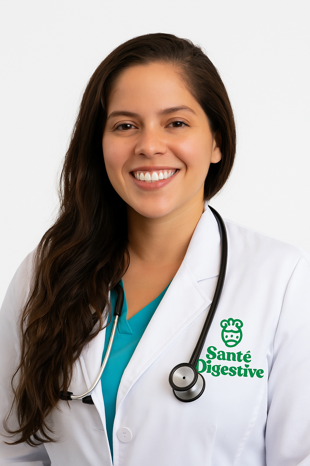 Fotografía profesional de Ariana López Luna, fisioterapeuta especializada en rehabilitación integrativa en Santé Digestive, con uniforme clínico y logotipo institucional.