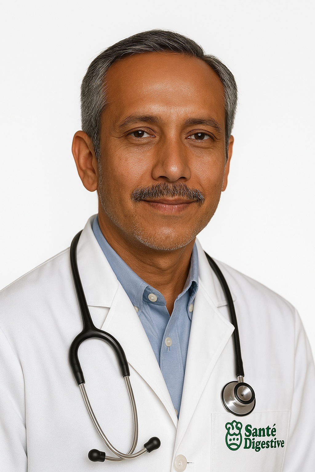 Fotografía profesional del Dr. Felipe Lara Ocampo, médico integrativo en Santé Digestive, con bata médica, estetoscopio y logotipo institucional.