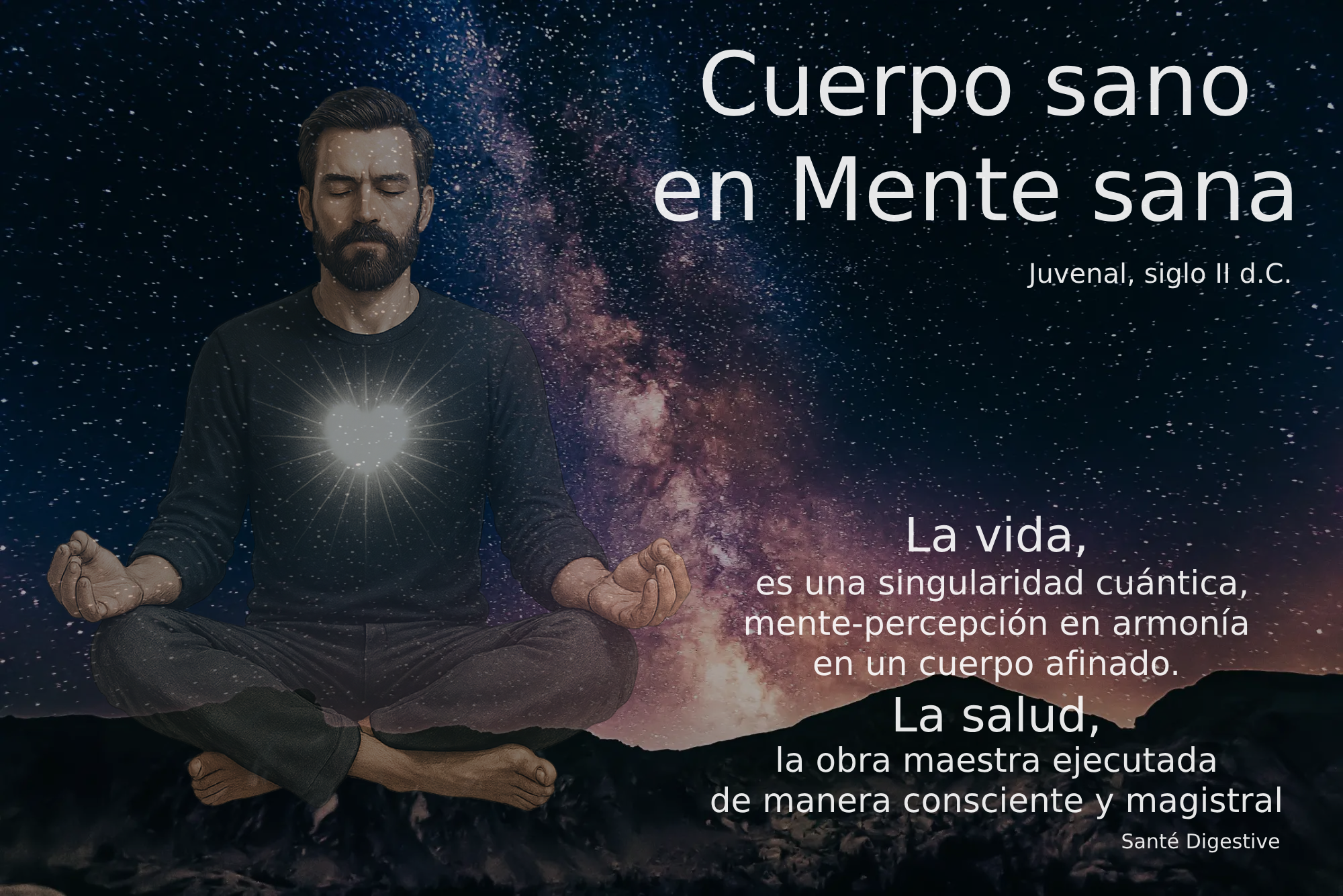 Hombre meditando y conectando con el cosmos, armonizando la unidad mente-cuerpo en modo cuántico.